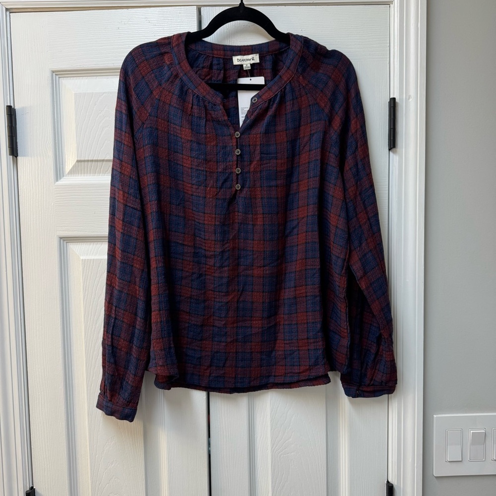 BearPaw Navy and Burgundy Plaid Long Sleeve Henley Blouse